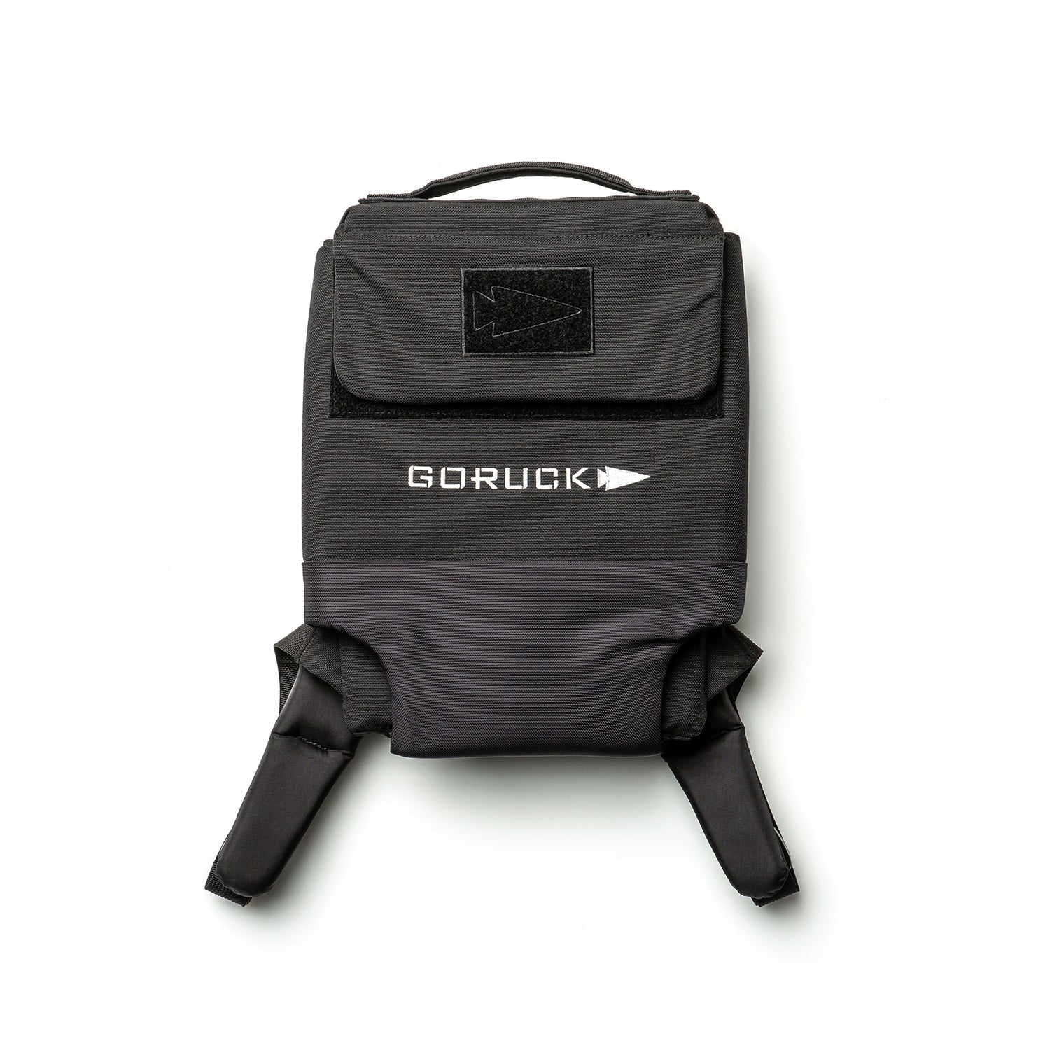 The RPC 3.0 + 10lb Ruck Sandplate is a black backpack with a top handle, front flap, and white logo, designed for weighted training and shown on a white background.