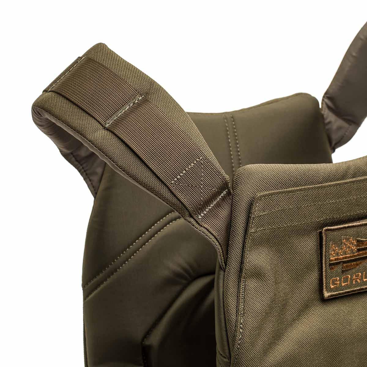 GORUCK Ranger Green weight vest with padded straps and durable stitching, close-up view