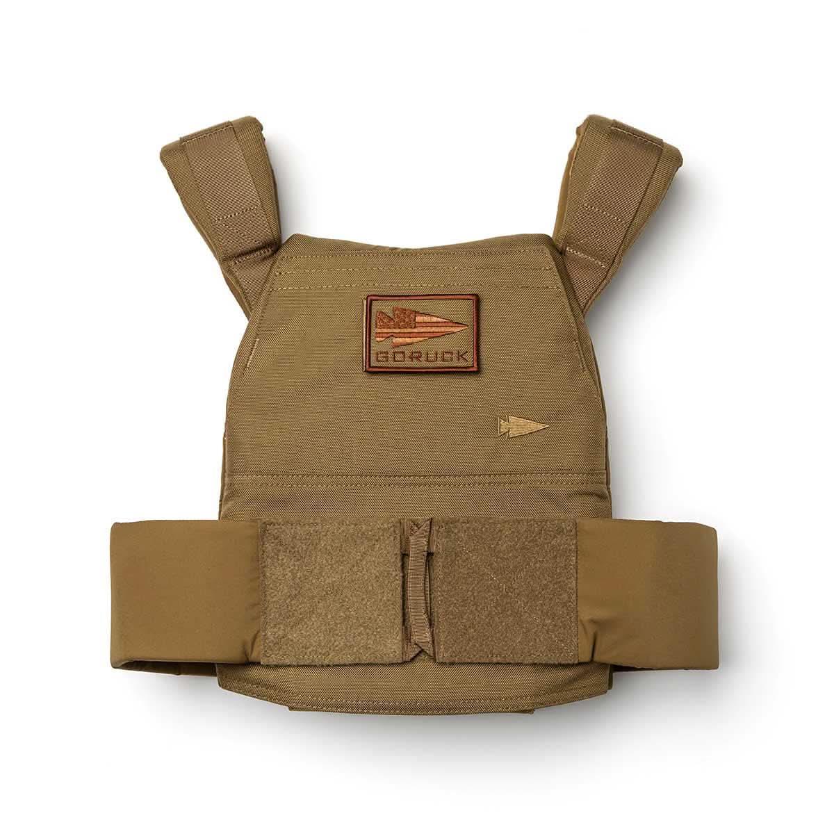 GORUCK coyote brown rucking weight vest with adjustable straps and velcro closure