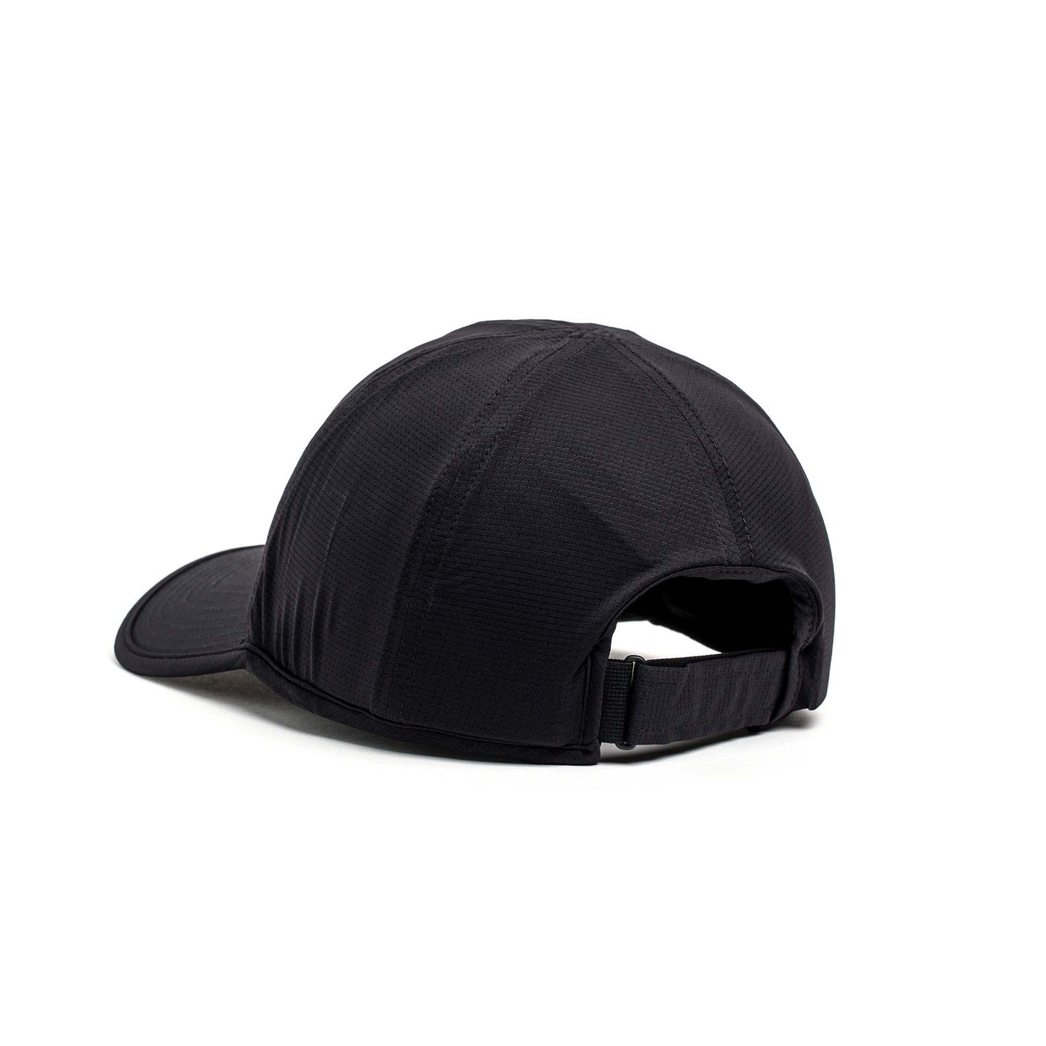 GORUCK black running hat with adjustable strap, rear view on white background