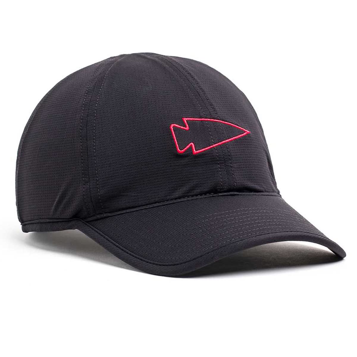 Performance Running Hat - Italian ToughMesh, shown at an angle, features a black quick-dry fabric and a red outlined arrowhead on the front—a lightweight hat designed for running comfort and style.