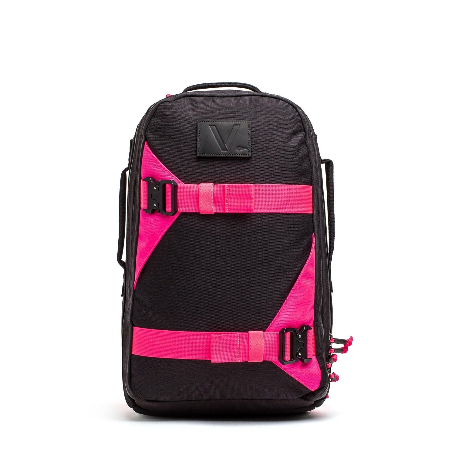 GORUCK black rucksack backpack with bold hot pink straps and accents, front view