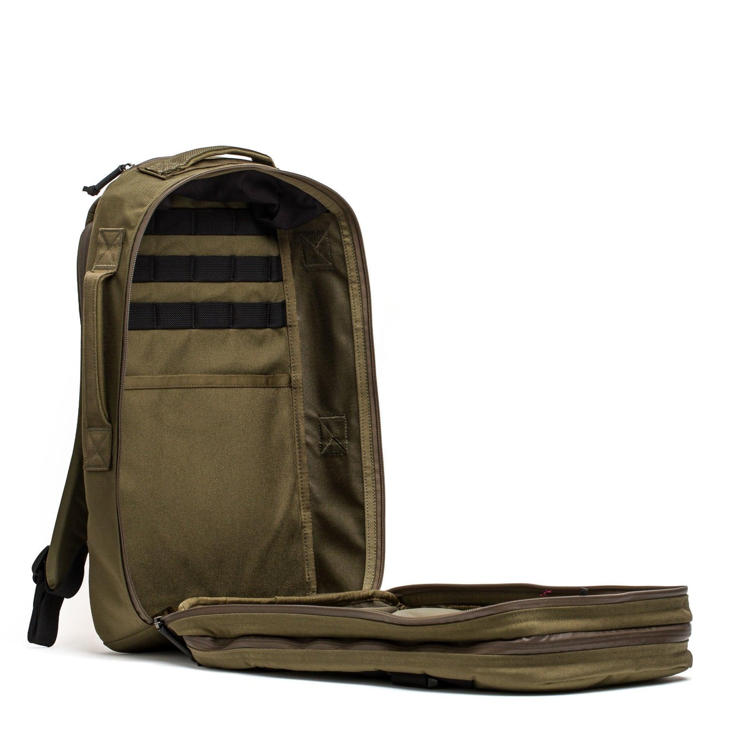 GORUCK Skate Ruck backpack in ranger green and black, shown open with visible compartments