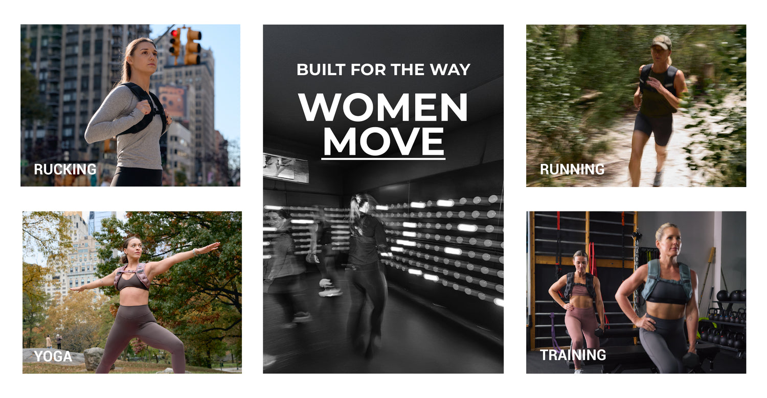 Collage of women exercising: rucking, running, yoga, and training, with text