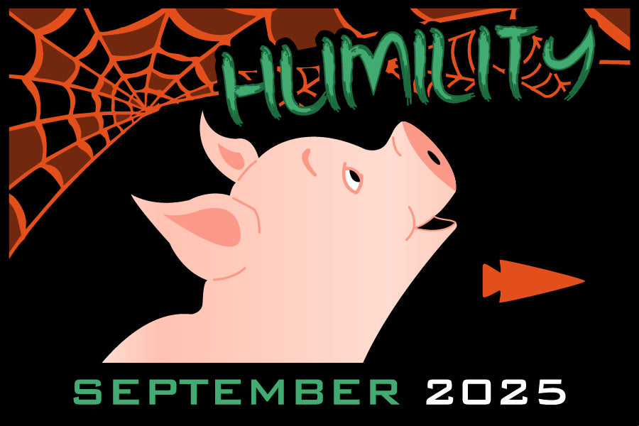 A pink pig looks up near orange webs, with