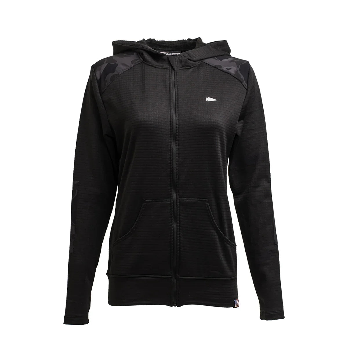 GORUCK women's black full zip grid fleece hoodie with camo shoulder accents, size M