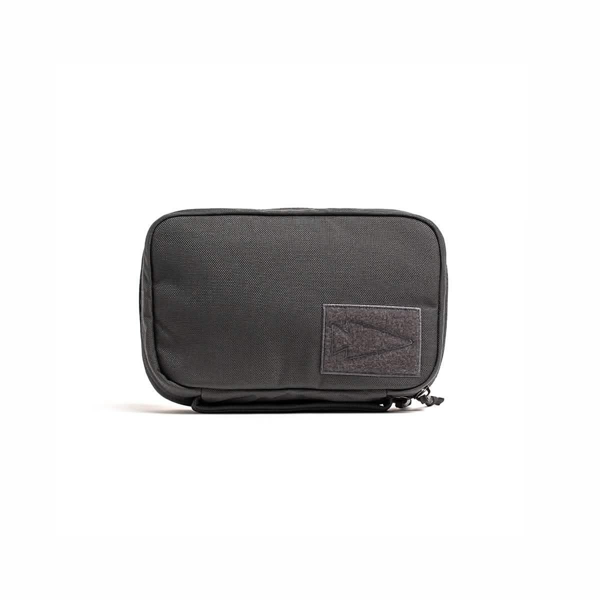 GORUCK black tactical pouch with front patch, durable rucking gear on white background