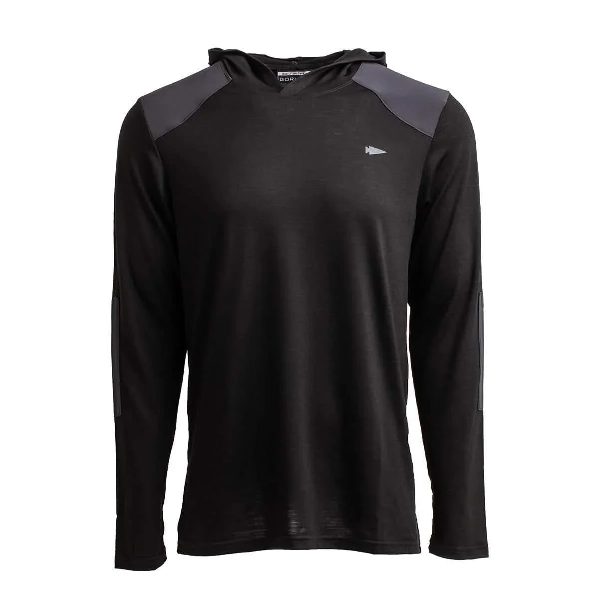 GORUCK black hoodie front view, long sleeves, reinforced shoulders, athletic rucking gear