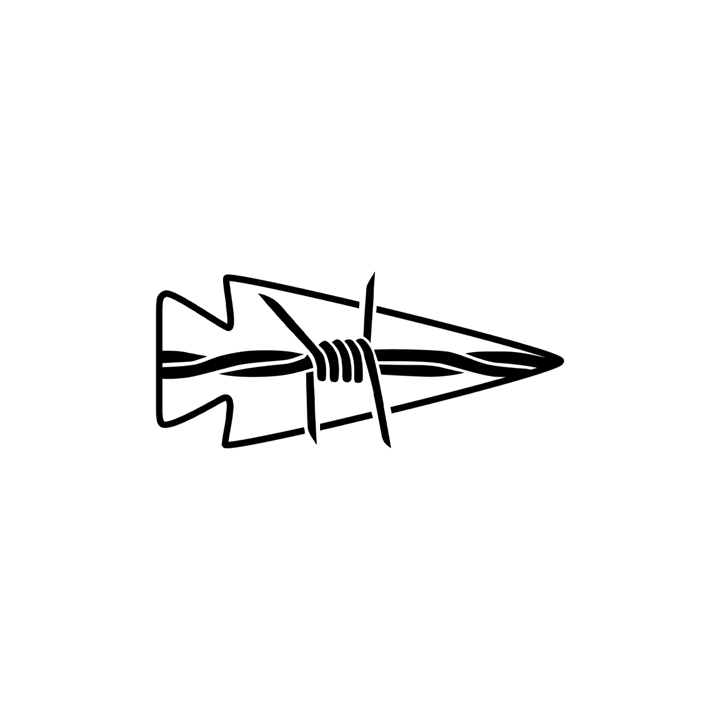Black arrowhead illustration intersected by a strand of barbed wire on a plain light gray background.