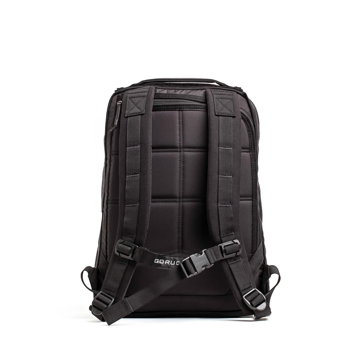 GORUCK black rucking backpack rear view with padded shoulder straps and sternum buckle