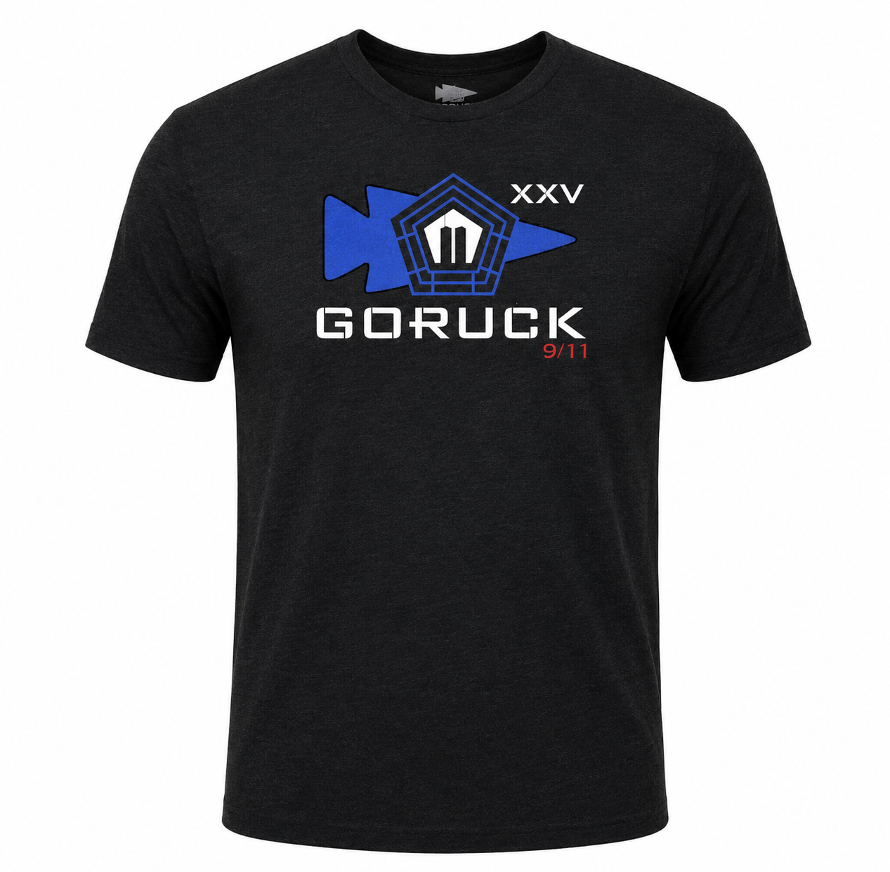 The 9/11 25th Anniversary Commemorative T-Shirt is a black limited edition tee featuring “GORUCK XXV 9/11” text, a Pentagon graphic, and a blue arrow pointing left—an ideal tribute to honor and remember the anniversary.