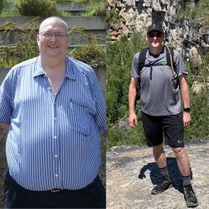 Side-by-side photos of the same man before and after significant weight loss, standing outdoors.