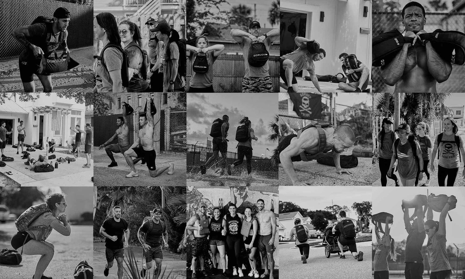 Collage of people training outdoors together, lifting weights, doing squats, running, and exercising in groups.
