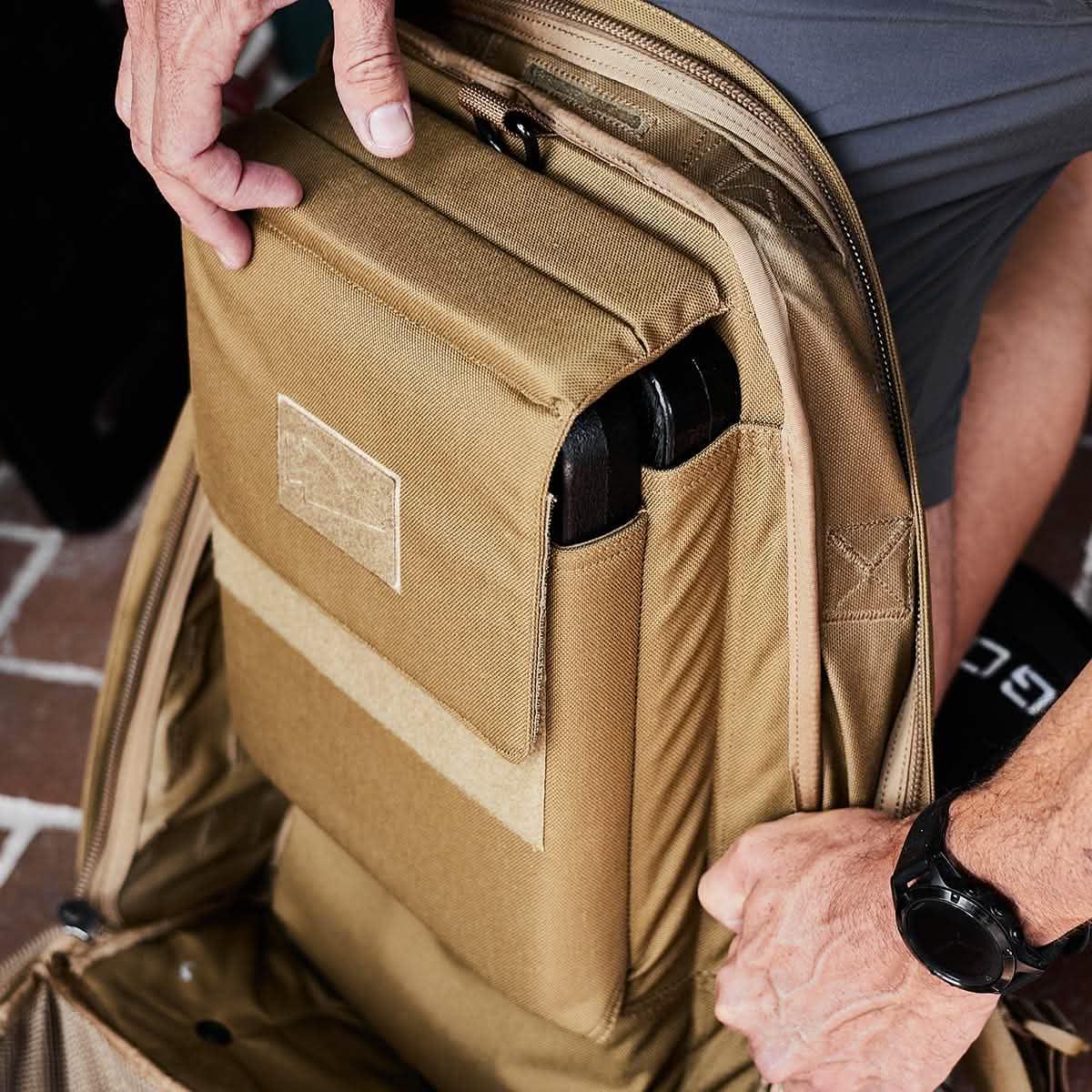 GORUCK brown rucksack interior with padded laptop sleeve and secure pocket
