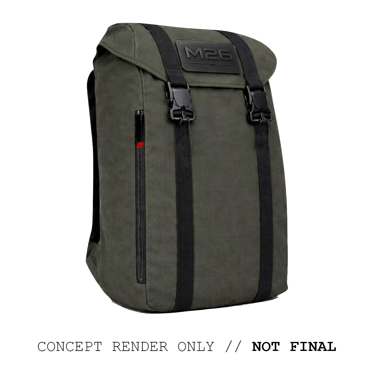The M26 PREORDER // Q4 2026 ETA is a dark green backpack with black straps and an