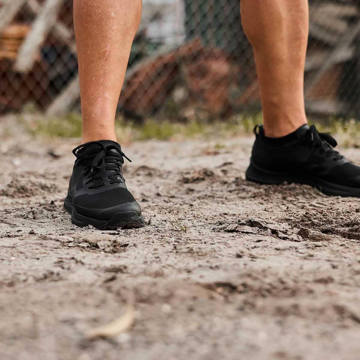 GORUCK men's Rough Runners blackout shoes on outdoor dirt trail