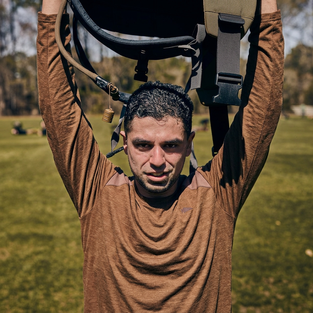 A man wears the Men’s Commando Long Sleeve - Merino Wool tee and lifts a heavy backpack overhead outdoors on a sunny day.