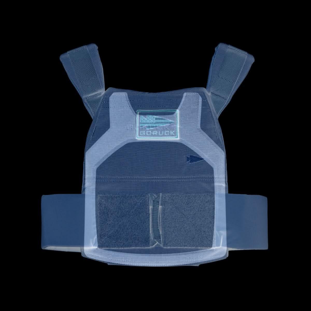 X-ray view of GORUCK weighted plate carrier vest for rucking, black background
