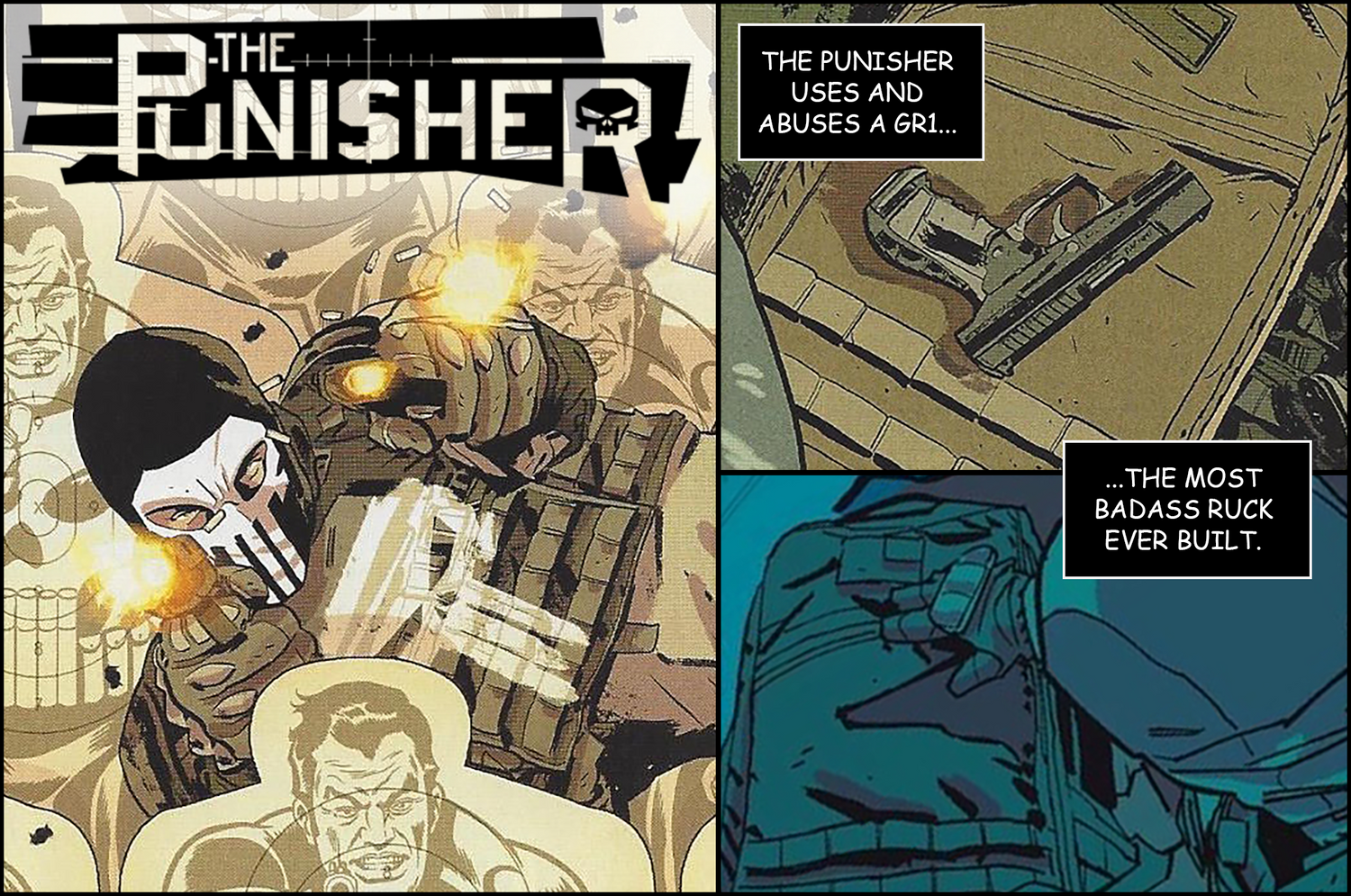 Comic panel of The Punisher shooting, with guns and text about his gear and rifle.