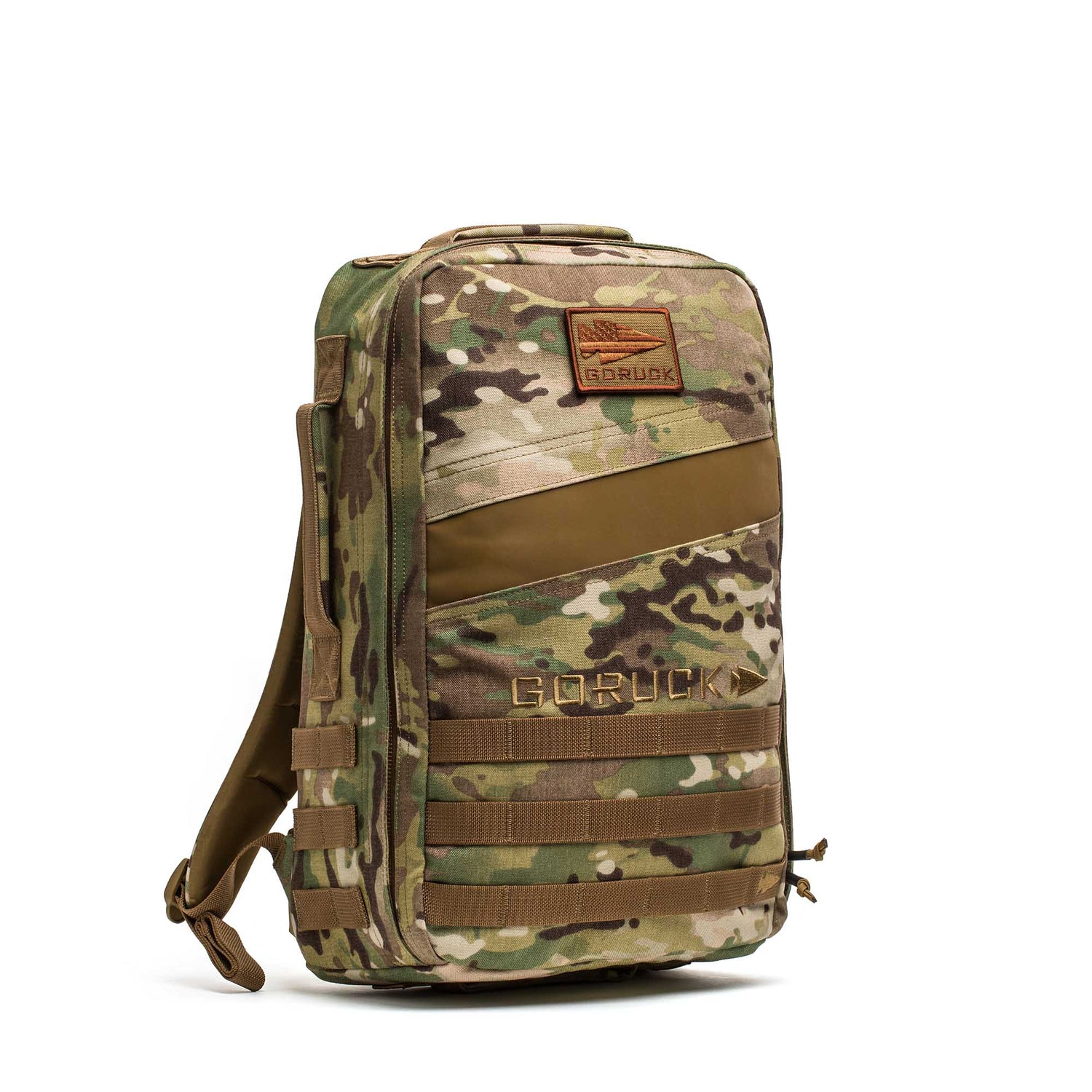 The Rucker 5.0 is a camouflage-patterned rucksack with MOLLE webbing and a front patch, perfect for rucking adventures.