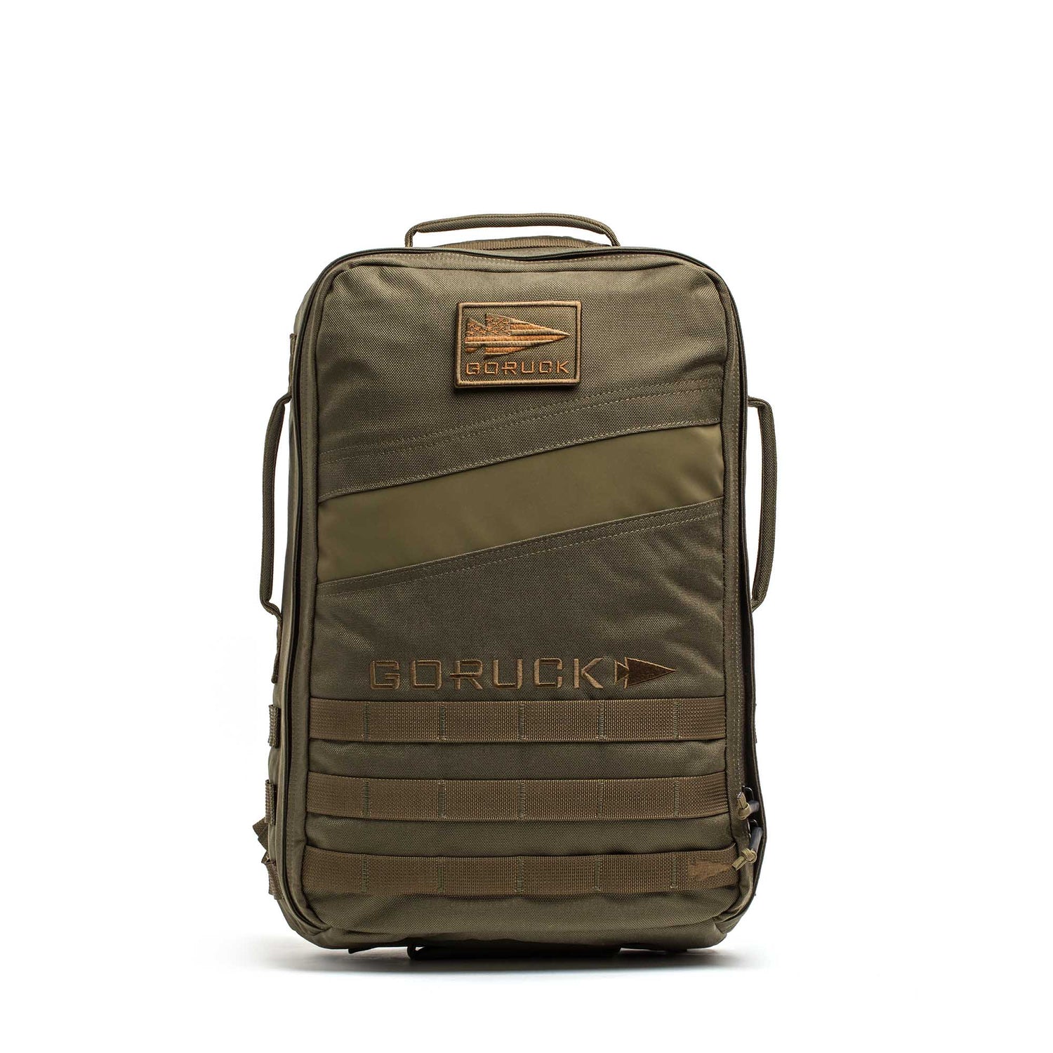 The Rucker 5.0 is an olive green tactical rucksack featuring multiple handles, a patch, front MOLLE webbing, and space for ruck plates—ideal for all your rucking adventures.