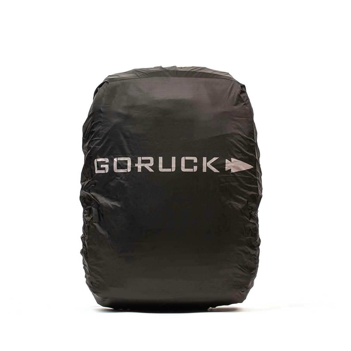 Black GORUCK rucksack rain cover with logo, waterproof gear for outdoor rucking