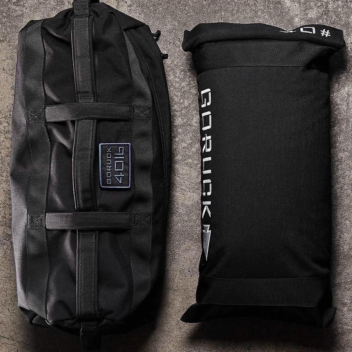 GORUCK 40LB sandbag and filler bag on concrete, durable black rucking gear