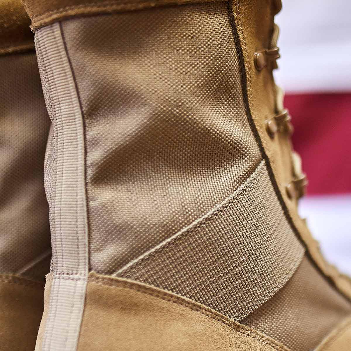 Close-up of GORUCK coyote brown rucking boot with durable Cordura ankle detail