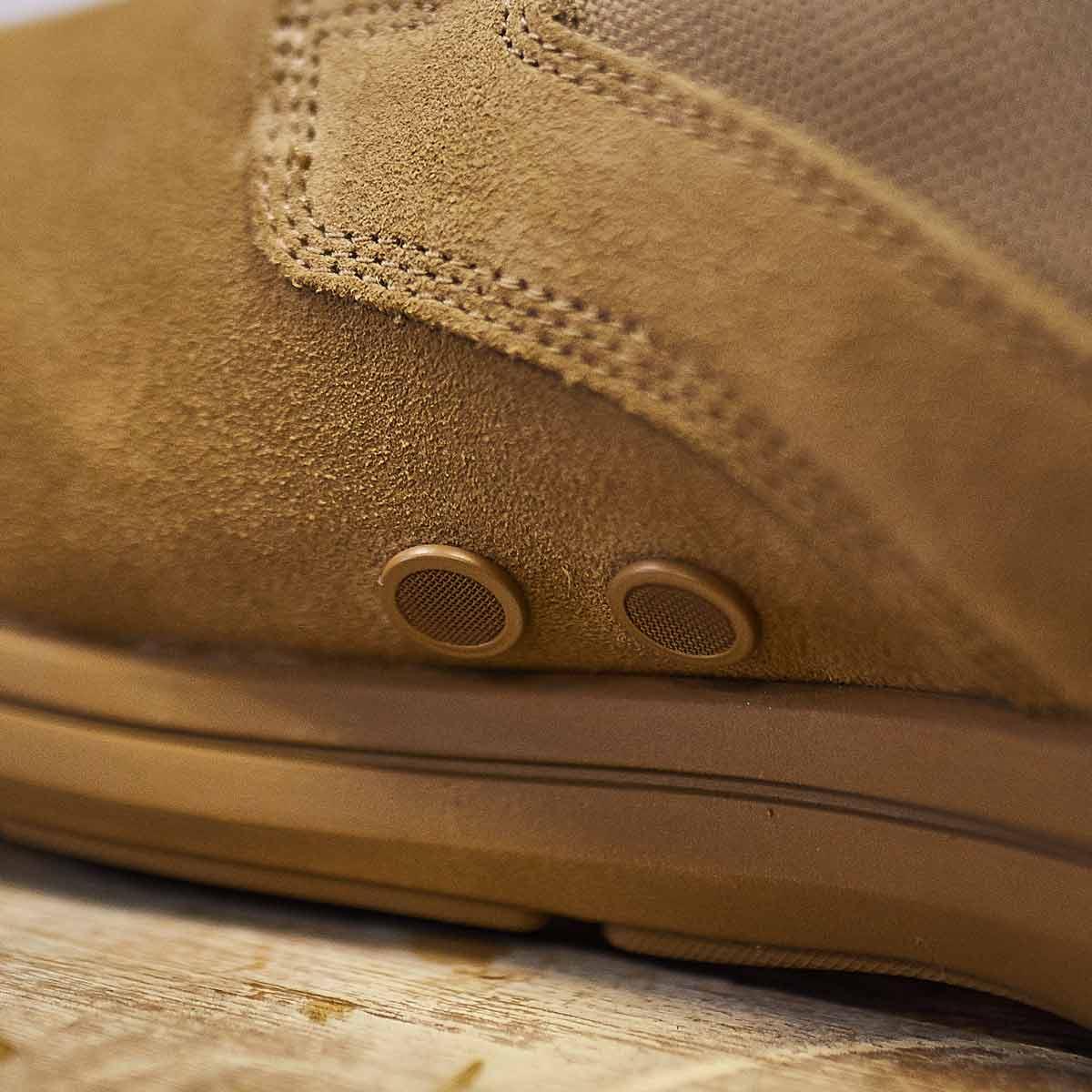 GORUCK coyote brown rucking boot drainage vent detail on rugged outsole