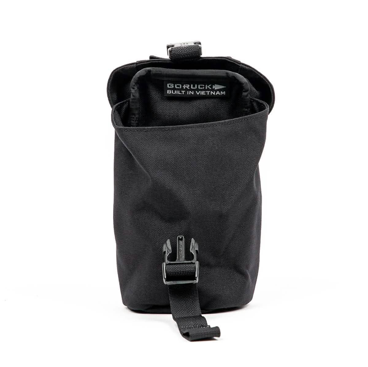 GORUCK black full-panel water bottle pocket with buckle and visible 'Built in Vietnam' label