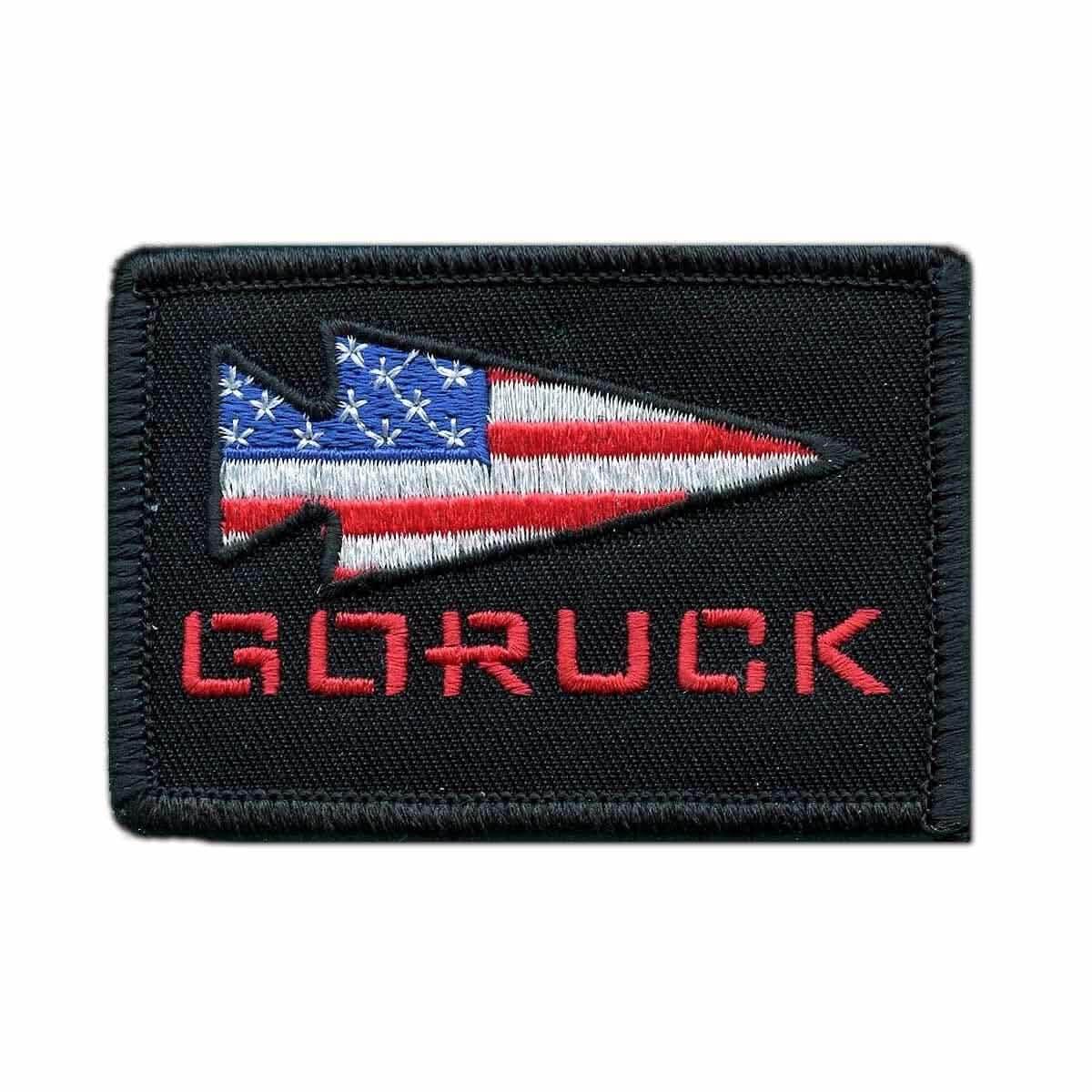 GORUCK USA flag embroidered patch with arrowhead and red logo on black background