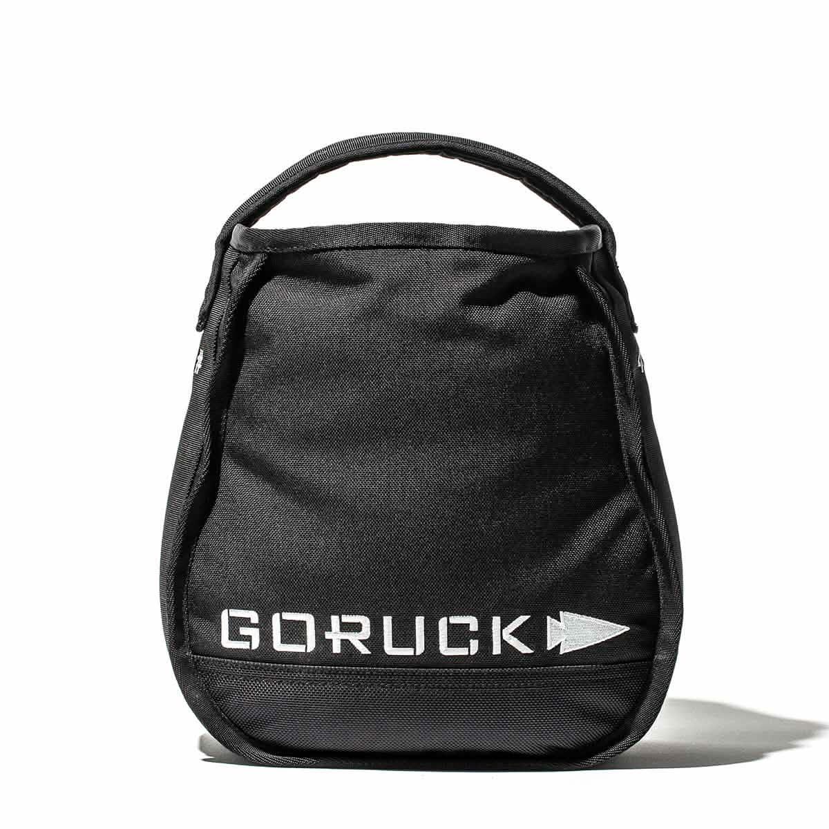 GORUCK black sandbag with white logo, durable rucking training gear