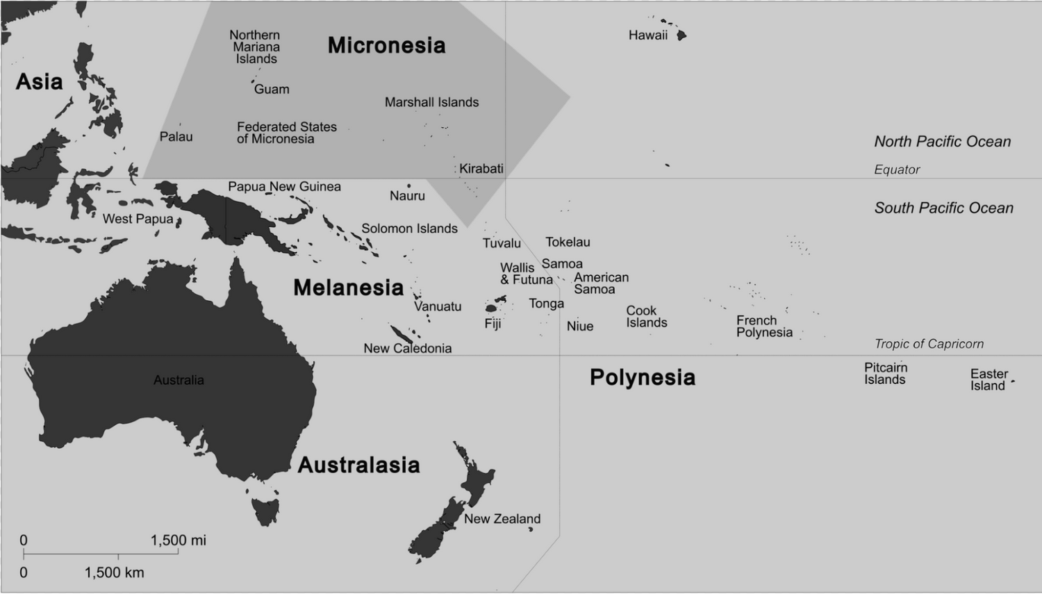 Map showing regions of Micronesia, Melanesia, Polynesia, Australasia in the Pacific Ocean