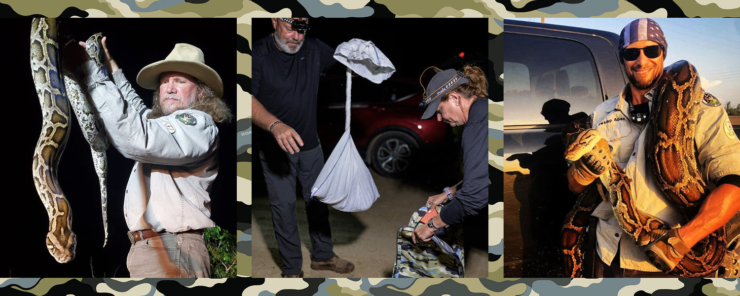 GORUCK team members handling large snakes outdoors with camo borders, showcasing rugged gear.