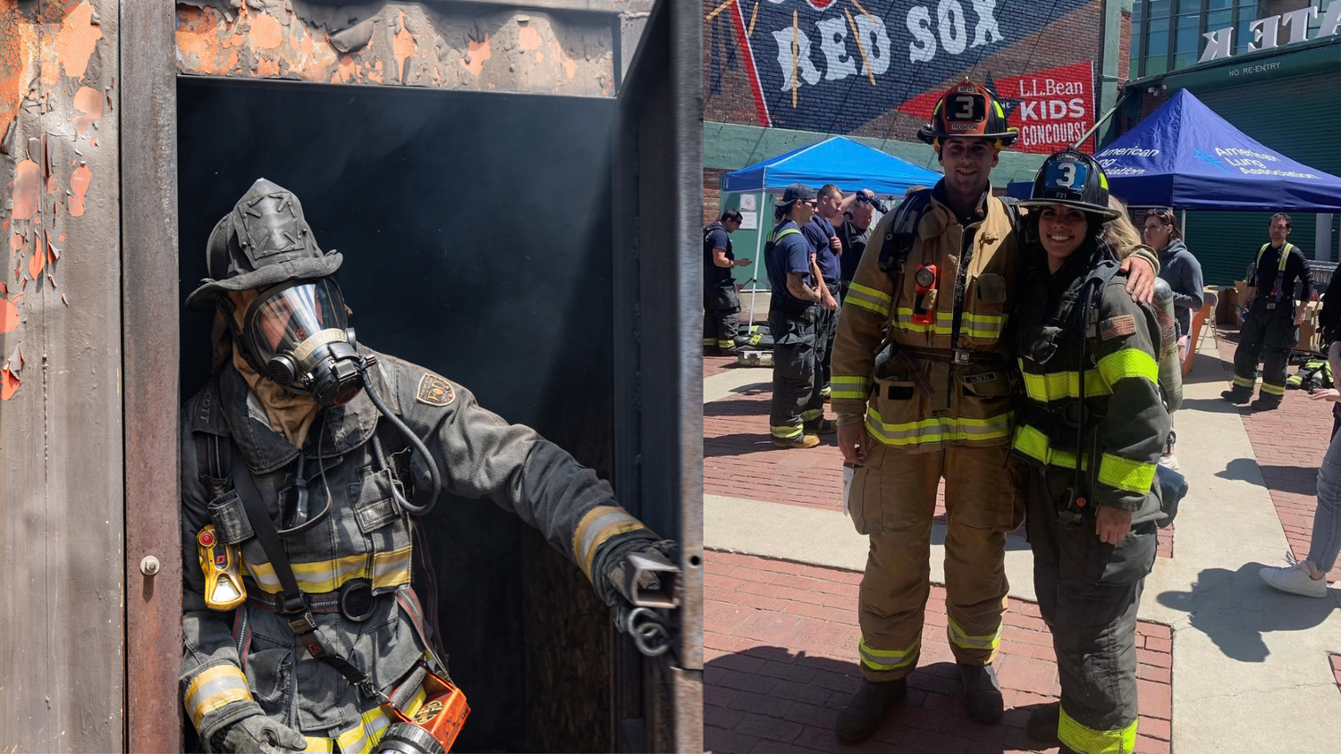 First responders in firefighting gear, showcasing GORUCK toughness and community service outdoors