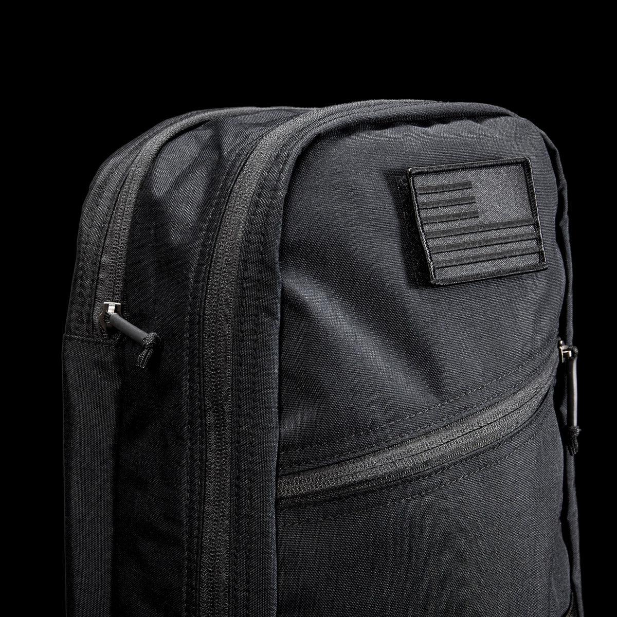 GORUCK black 15L bullet ruck backpack with two compartments and American flag patch