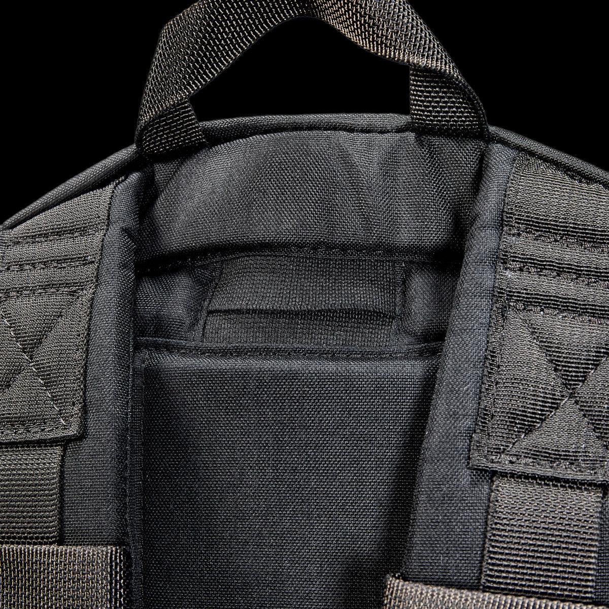 GORUCK black rucksack close-up showing durable straps and reinforced stitching