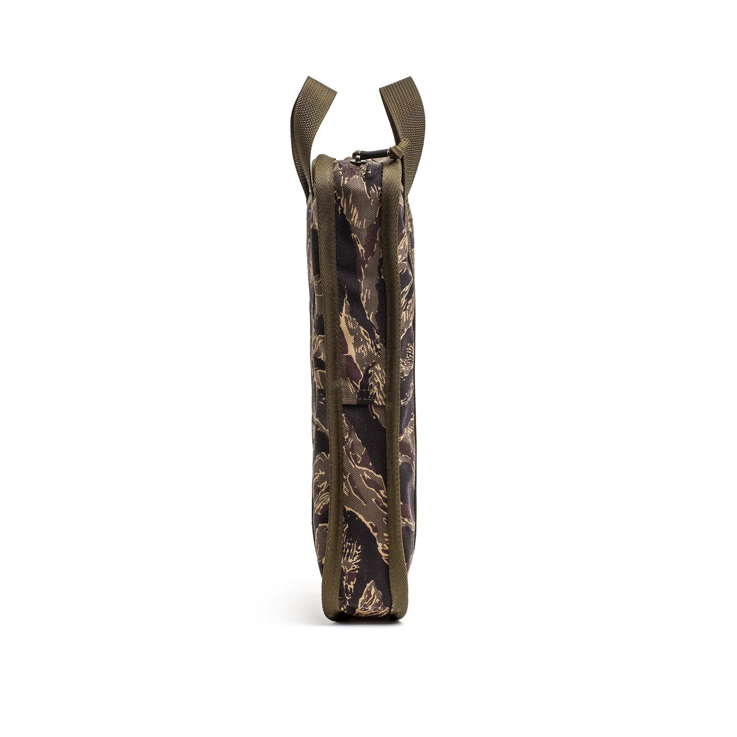 Side view of a camouflage-patterned rucking bag with two brown handles and a zippered top, perfect for carrying Sand Ruck Plates, shown against a white background.