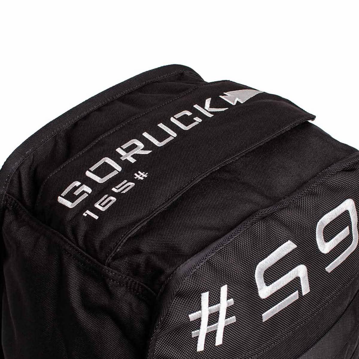 GORUCK black rucking gear bag with white embroidered branding and 16S# text detail