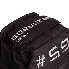 GORUCK black rucking gear bag with white embroidered branding and 16S# text detail