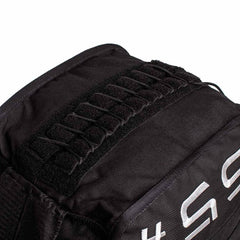 Close-up of GORUCK black rucksack with reinforced stitching and durable MOLLE webbing