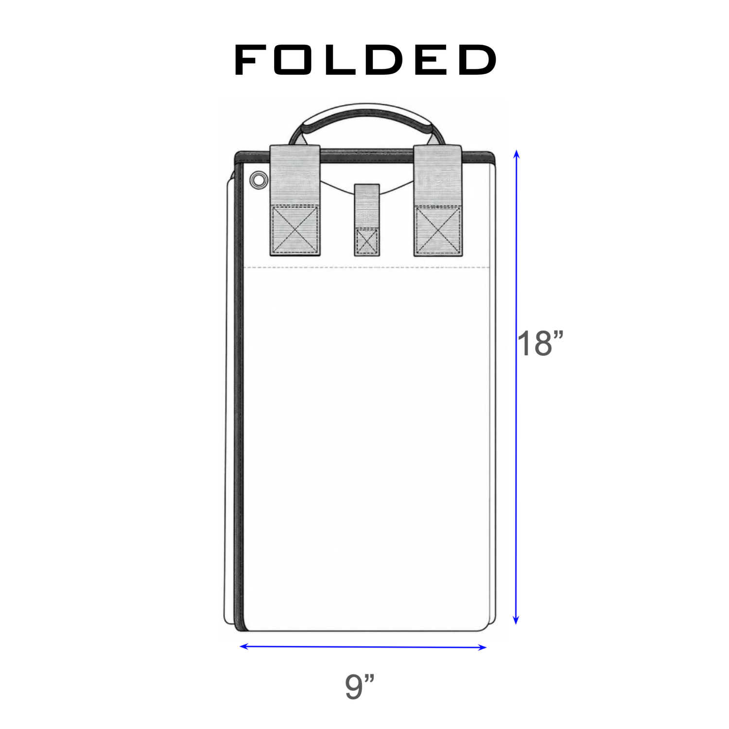 Diagram of the Shooting Mat bag, folded with handles, measuring 18