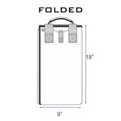 Diagram of the Shooting Mat bag, folded with handles, measuring 18" tall by 9" wide, and featuring a tripod bracing strap inspired by the GORUCK Shooting Mat design.