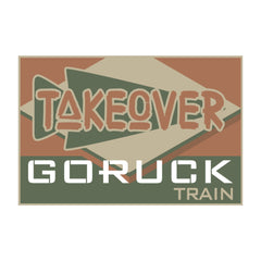 Featuring a stencil-style "TAKEOVER" logo above "GORUCK TRAIN" on a geometric, camo-inspired backdrop, the Patch - GORUCK TAKEOVER WORKOUT is ideal for promoting your next GORUCK TAKEOVER or any community ruck workout event.