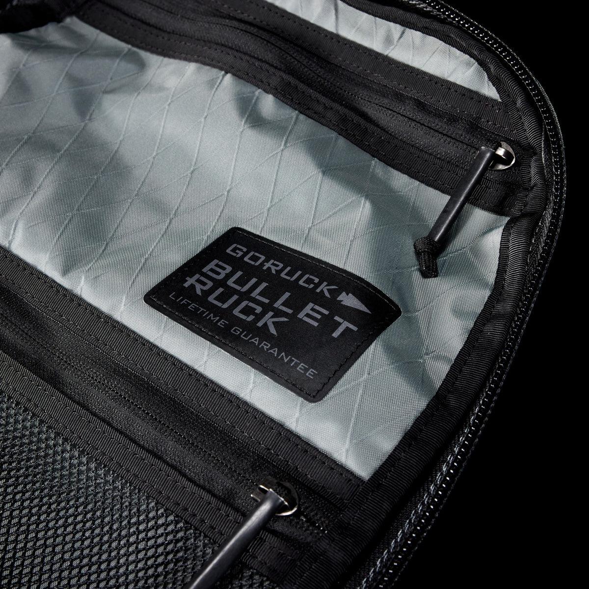 GORUCK Bullet Ruck gray X-Pac backpack interior pocket with brand patch and zippers