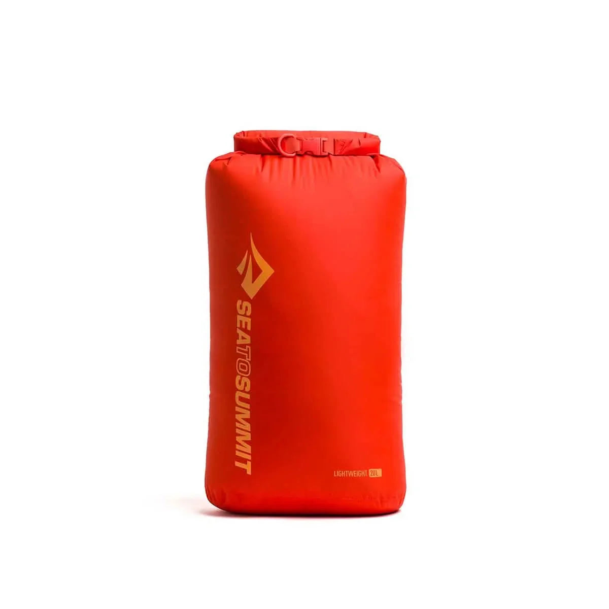 Bright orange Sea to Summit dry bag for outdoor rucking gear on white background