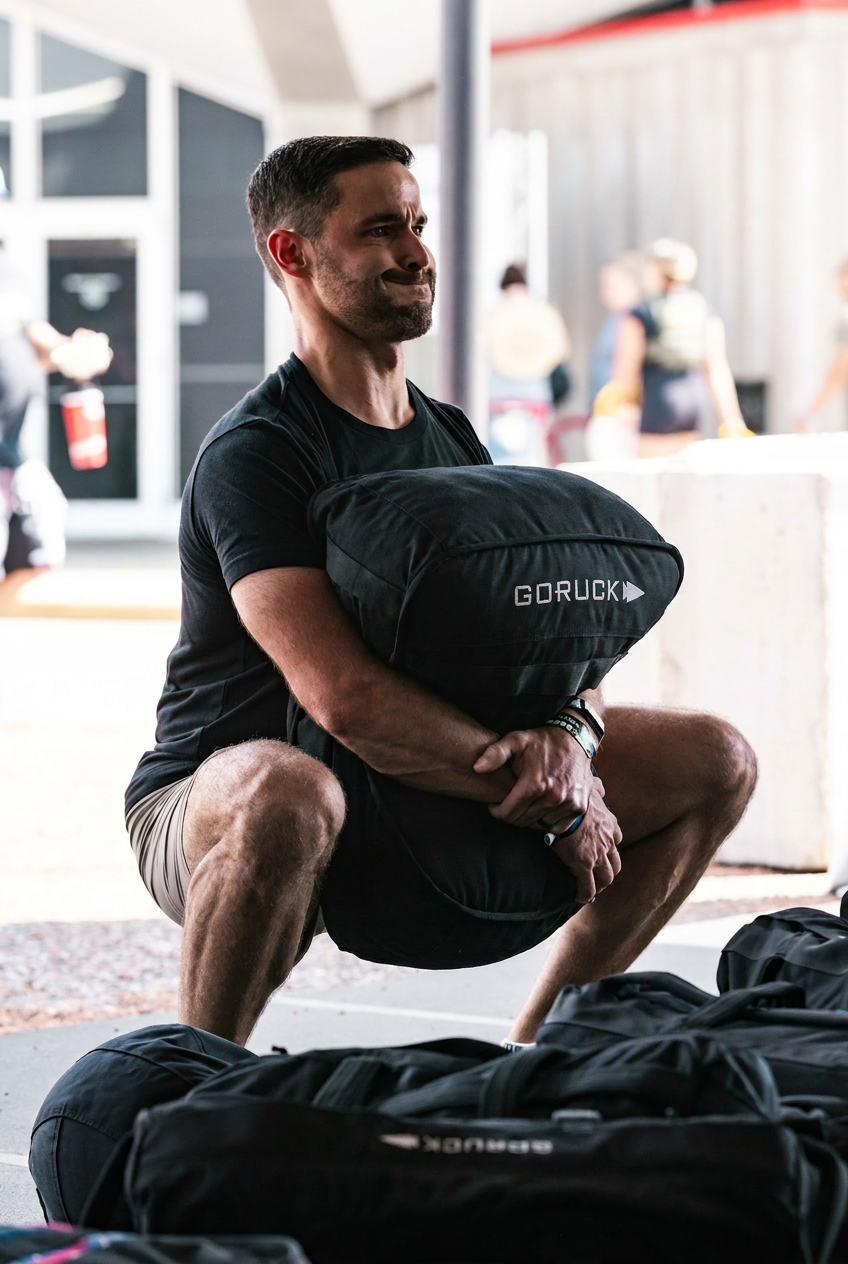 A man in a squat holds a large loadable Sand Tombstones bag labeled 