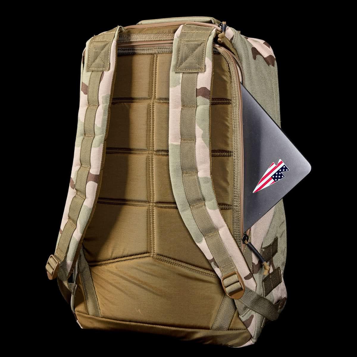 GORUCK 26L GR1 backpack in camo pattern with padded straps and a laptop sleeve