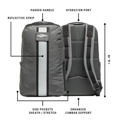 Front and back views of the Basic Rucker backpack in gray, highlighting labeled features such as a dedicated ruck plate pocket and a 16-inch height—ideal for your next rucking adventure.