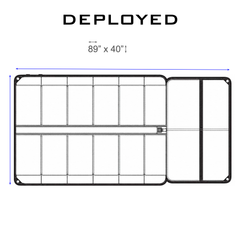 Diagram of a deployed Shooting Mat (89" x 40") with zipper, grid pattern, and tripod bracing strap.